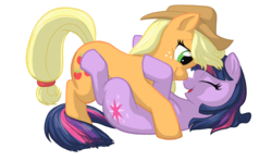 Size: 2261x1334 | Tagged: safe, artist:rustedrabbit, applejack, twilight sparkle, earth pony, pony, unicorn, g4, female, happy, hug, imminent kissing, lesbian, mare, on back, ship:twijack, shipping, simple background, unicorn twilight