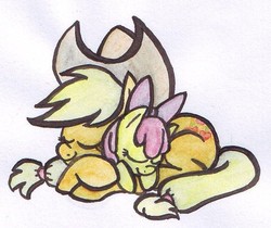 Size: 724x609 | Tagged: safe, artist:ssstawa, apple bloom, applejack, earth pony, pony, g4, applejack's hat, cowboy hat, duo, female, filly, foal, hat, mare, sleeping