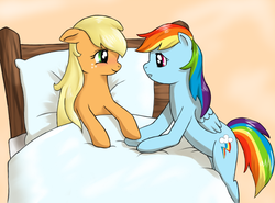 Size: 891x660 | Tagged: safe, artist:marikaefer, applejack, rainbow dash, earth pony, pegasus, pony, g4, bed, duo, female, lesbian, looking at each other, looking at someone, mare, orange background, rearing, ship:appledash, shipping, sick, simple background