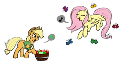 Size: 1219x633 | Tagged: safe, artist:kudalyn, applejack, fluttershy, butterfly, g4, apple, clothes, dollar sign, music notes, simple background, singing, vest, white background