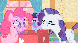 Size: 1024x576 | Tagged: safe, screencap, pinkie pie, rarity, twilight sparkle, earth pony, pony, g4, party of one, season 1, animated, drink, eyes closed, female, floppy ears, glass, mare, no fucks, smiling, spit take, wat