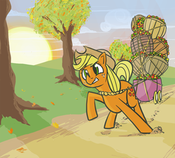 Size: 800x721 | Tagged: safe, artist:acidandgrit, applejack, earth pony, pony, g4, apple, dragging, female, solo, tree