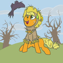 Size: 600x600 | Tagged: safe, artist:acidandgrit, applejack, crow, earth pony, pony, g4, costume, cute, female, grass, jackabetes, looking up, open mouth, scarecrow, sitting, smiling, solo, tree