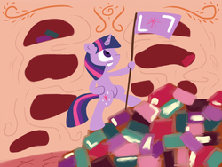 Size: 1600x1200 | Tagged: dead source, safe, artist:therelicofowls, twilight sparkle, pony, unicorn, g4, bipedal, book, bookhorse, female, flag, golden oaks library, solo, unicorn twilight