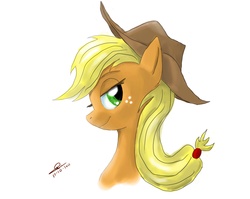 Size: 2800x2230 | Tagged: safe, artist:thedrunkcoyote, applejack, earth pony, pony, g4, bust, female, high res, looking at you, portrait, profile, simple background, solo