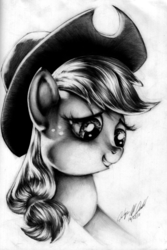 Size: 1635x2448 | Tagged: safe, artist:carlotta-guidicelli, applejack, pony, g4, bust, female, grayscale, grin, monochrome, pencil drawing, smiling, solo, traditional art