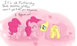 Size: 900x540 | Tagged: safe, artist:speccysy, fluttershy, pinkie pie, earth pony, pegasus, pony, g4, cute, duo, eyes closed, female, implied gilda, lesbian, mare, ship:flutterpie, shipping, text