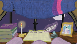 Size: 1278x724 | Tagged: safe, artist:dejiko07, princess celestia, twilight sparkle, alicorn, pony, g4, book, candle, feather, female, female pov, ink, letter, mane, mare, moon, night, offscreen character, offscreen female, perspective, pov, writing