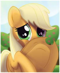 Size: 684x830 | Tagged: safe, artist:ctb-36, applejack, earth pony, pony, g4, apple, apple tree, cowboy hat, ctb-36 is trying to murder us, cute, female, hat, jackabetes, mare, sad, solo, tree, unhapplejack