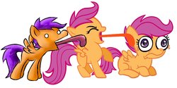 Size: 1400x700 | Tagged: source needed, safe, artist:773her, artist:supersheep64, edit, scootaloo, pegasus, pony, g4, blank flank, female, filly, foal, hooves, impossibly long tongue, licking, non-consensual licking, prone, self ponidox, simple background, solo, spread wings, standing, tongue out, wat, white background, wings