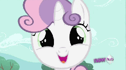 Size: 640x360 | Tagged: safe, screencap, sweetie belle, pony, unicorn, g4, ponyville confidential, animated, cute, diasweetes, female, horn, hub logo, logo, looking at you, the hub