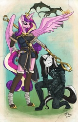 Size: 630x986 | Tagged: safe, artist:mingchee, princess cadance, oc, dragon, anthro, unguligrade anthro, g4, clothes, commission, crossover, female, hooves, kneeling, mare, skyrim, spread wings, staff, the elder scrolls, wings