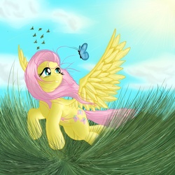 Size: 1024x1024 | Tagged: safe, artist:dasdreadnought, fluttershy, butterfly, pegasus, pony, g4, female, flying, grass field, looking at something, looking up, mare, smiling, solo, spread wings, stray strand, three quarter view, turned head, windswept mane, wings