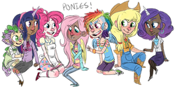 Size: 1230x627 | Tagged: safe, artist:glynn, applejack, fluttershy, pinkie pie, rainbow dash, rarity, spike, twilight sparkle, human, g4, apron, bowtie, clothes, dark skin, female, horn, horned humanization, humanized, jeans, mane seven, mane six, mary janes, mohawk, overalls, skirt, stockings, sweater, sweatershy, thick eyebrows, tube skirt, winged humanization, wristband