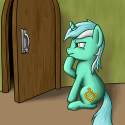 Size: 1024x1024 | Tagged: safe, artist:darth-biomech, lyra heartstrings, pony, unicorn, g4, door, female, frown, hoof on chin, looking at something, mare, solo, thinking