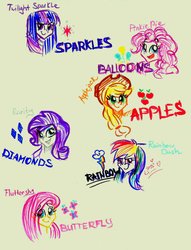 Size: 1144x1494 | Tagged: safe, artist:cherryviolets, applejack, fluttershy, pinkie pie, rainbow dash, rarity, twilight sparkle, human, g4, female, humanized, mane six, one word