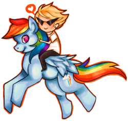 Size: 591x560 | Tagged: artist needed, safe, rainbow dash, human, pegasus, pony, g4, crossover, dirk strider, female, homestuck, humans riding ponies, male, mare, riding, simple background, speech bubble, spoken heart, starry eyes, transparent background, wingding eyes