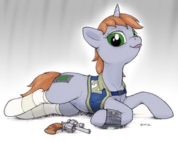 Size: 1004x800 | Tagged: source needed, useless source url, safe, artist:ecmajor, artist:fieryeel, oc, oc only, oc:littlepip, pony, unicorn, fallout equestria, clothes, eyes open, fanfic, fanfic art, female, gradient background, green eyes, gun, handgun, hooves, horn, jumpsuit, little macintosh, lying down, mare, optical sight, pipboy, pipbuck, pistol, revolver, socks, solo, striped socks, tongue out, vault suit, weapon