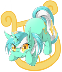Size: 4500x5226 | Tagged: safe, artist:zaiyaki, lyra heartstrings, pony, unicorn, g4, absurd resolution, colored pupils, cute, cutie mark background, face down ass up, female, looking at you, lyrabetes, mare, simple background, smiling, solo, transparent background