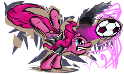 Size: 1920x1152 | Tagged: safe, artist:nuclearsuplexattack, pinkie pie, earth pony, pony, g4, ball, clothes, female, football, gritted teeth, header, jersey, kick, legs in air, serious, serious face, shirt, simple background, solo, sports, transparent background