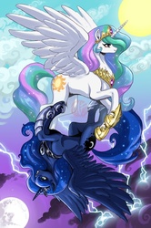 Size: 600x901 | Tagged: safe, artist:kaijusamurai, princess celestia, princess luna, alicorn, pony, g4, contrast, duo, duo female, female, lightning, moon, sisters, sun