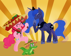 Size: 2500x1957 | Tagged: safe, artist:anastasia1997, gummy, pinkie pie, princess luna, alicorn, alligator, earth pony, pony, reptile, g4, abstract background, eyes closed, female, mare, miracas, sombrero, trio