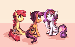 Size: 1310x819 | Tagged: safe, artist:karzahnii, apple bloom, scootaloo, sweetie belle, earth pony, pegasus, pony, unicorn, g4, alternate cutie mark, bow, cutie mark crusaders, female, filly, flower, flower in hair, foal, hair bow, older, older apple bloom, older cmc, older scootaloo, older sweetie belle, sitting, tail, tail bow