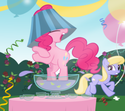 Size: 3371x3000 | Tagged: safe, artist:kas92, screencap, cloud kicker, pinkie pie, earth pony, pony, g4, ponyville confidential, animation error, duo, eyes closed, female, hat, high res, lampshade, lampshade hat, mare, punch (drink), punch bowl, solo focus, they just didn't care, vector