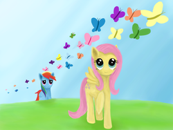 Size: 2800x2100 | Tagged: safe, artist:smileylimey, fluttershy, rainbow dash, butterfly, pegasus, pony, g4, butterfly migration, duo, female, high res, lesbian, looking up, mare, migration, raised hoof, ship:flutterdash, shipping