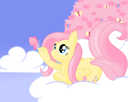 Size: 1280x1024 | Tagged: safe, artist:zanezandell, fluttershy, butterfly, pegasus, pony, g4, cloud, female, mare, solo