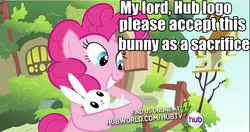 Size: 498x263 | Tagged: safe, edit, edited screencap, screencap, angel bunny, pinkie pie, pony, rabbit, g4, animal, fourth wall, hub logo, hubble, sacrifice, television logo joke