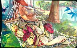 Size: 1280x797 | Tagged: source needed, safe, artist:buttercupsaiyan, apple bloom, applejack, earth pony, pony, g4, dappled sunlight, duo, female, filly, hammock, mare, sleeping, smiling