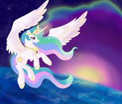 Size: 3951x3385 | Tagged: safe, artist:cluttercluster, princess celestia, alicorn, pony, g4, aurora borealis, female, flying, high res, mare, solo, space