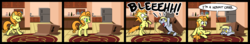 Size: 2341x414 | Tagged: safe, artist:zicygomar, carrot top, derpy hooves, golden harvest, pegasus, pony, g4, box, cardboard box, comic, cute, derpy being derpy, female, hermit crab, hilarious in hindsight, mare, pony in a box, rug, scared, sink