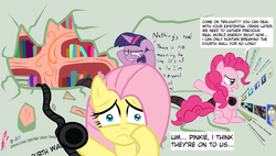 Size: 1364x773 | Tagged: safe, artist:tiarawhy, fluttershy, pinkie pie, twilight sparkle, earth pony, pegasus, pony, unicorn, g4, deviantart, fourth wall, fourth wall destruction, golden oaks library, looking at you, phone, trio, twilight snapple, unicorn twilight