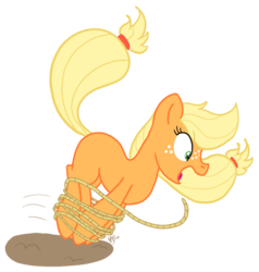 Size: 704x738 | Tagged: safe, artist:cluttercluster, applejack, earth pony, pony, g4, female, mare, rope, simple background, solo, this will end in pain, transparent background
