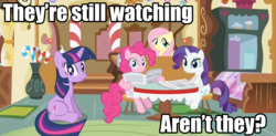 Size: 1920x944 | Tagged: safe, edit, edited screencap, screencap, fluttershy, pinkie pie, rarity, twilight sparkle, earth pony, pony, unicorn, g4, ponyville confidential, breaking the fourth wall, female, fourth wall, group, image macro, looking at you, mare, newspaper, quartet, unicorn twilight, written equestrian