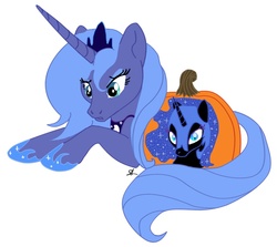 Size: 1013x903 | Tagged: safe, artist:cluttercluster, nightmare moon, princess luna, pony, g4, halloween, holiday, jack-o-lantern, pumpkin, s1 luna, wat