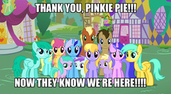 Size: 1280x708 | Tagged: safe, edit, edited screencap, screencap, aura (g4), cloud kicker, dinky hooves, dizzy twister, doctor whooves, liza doolots, meadow song, minuette, orange swirl, petunia, sassaflash, sea swirl, seafoam, spring melody, sprinkle medley, sunshower raindrops, time turner, tootsie flute, earth pony, pegasus, pony, unicorn, g4, it's about time, season 2, caption, female, filly, foal, fourth wall, image macro, implied pinkie pie, male, mare, meme, stallion, text