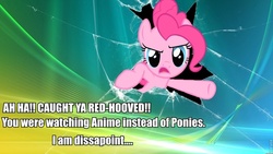 Size: 960x540 | Tagged: safe, pinkie pie, g4, anime, bronybait, fourth wall, fourth wall destruction, i am disappoint, image macro, impact font, meme, microsoft windows, time for ponies, windows vista