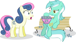 Size: 900x503 | Tagged: safe, artist:xkappax, bon bon, lyra heartstrings, sweetie drops, earth pony, pony, unicorn, g4, bench, cannibalism, duo, female, looking at each other, looking at someone, mare, open mouth, shocked, shocked expression, simple background, sitting, sitting lyra, transparent background