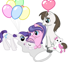 Size: 700x600 | Tagged: safe, artist:otterlore, cookie crumbles, hondo flanks, rarity, sweetie belle, g4, baby, baby belle, balloon, family, filly, foal, heart balloon, newborn, ship:cookieflanks, simple background, transparent background, younger