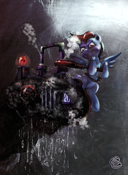 Size: 1532x2097 | Tagged: safe, artist:miradge, rainbow dash, pony, g4, female, flying, machine, solo, toolbelt, wrench