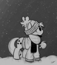 Size: 800x909 | Tagged: safe, artist:egophiliac, applejack, earth pony, pony, g4, bundled up for winter, clothes, female, hat, mare, monochrome, scarf, solo, winter, winter hat, winter outfit