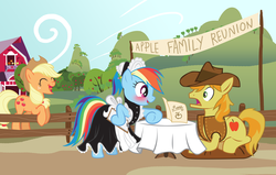 Size: 4465x2838 | Tagged: safe, artist:trotsworth, applejack, braeburn, rainbow dash, earth pony, pegasus, pony, g4, blushing, clothes, eye contact, eyes closed, female, frown, high res, laughing, looking at each other, looking at someone, lying down, maid, male, mare, open mouth, open smile, prone, ship:braedash, shipping, shocked, smiling, stallion, straight, trio