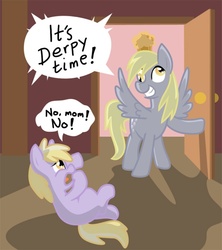 Size: 600x675 | Tagged: safe, derpy hooves, dinky hooves, pegasus, pony, unicorn, g4, door, female, goofy time, mare, speech bubble