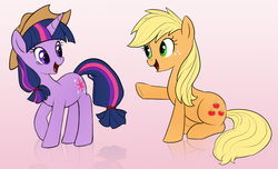 Size: 697x423 | Tagged: safe, artist:mn27, applejack, twilight sparkle, earth pony, pony, unicorn, g4, alternate hairstyle, alternate tailstyle, applejack's hat, cowboy hat, duo, female, hat, looking at each other, looking at someone, mare, open mouth, raised hoof, reflection, tail, unicorn twilight