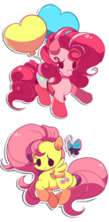 Size: 788x1600 | Tagged: safe, artist:sugaryrainbow, fluttershy, pinkie pie, butterfly, earth pony, pegasus, pony, g4, balloon, chibi, dot eyes, duo, female, looking at you, mare, outline, simple background, smiling, spread wings, stray strand, transparent background, white outline, wings