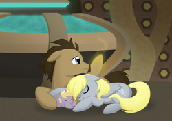 Size: 800x566 | Tagged: safe, artist:apple-cake, derpy hooves, dinky hooves, doctor whooves, time turner, pegasus, pony, g4, doctor who, duo, female, filly, male, mare, regeneration, sad, ship:doctorderpy, shipping, stallion, straight, tardis console room, tardis control room, the doctor