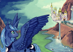 Size: 1327x938 | Tagged: safe, artist:reaperfox, princess luna, alicorn, pony, g4, canterlot, female, looking back, mare, solo